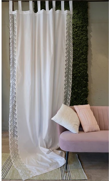 Tenda in cotone bianco c/pizzo laterale con laccetti mod. Cloe - 140x290 cm - L'Atelier17